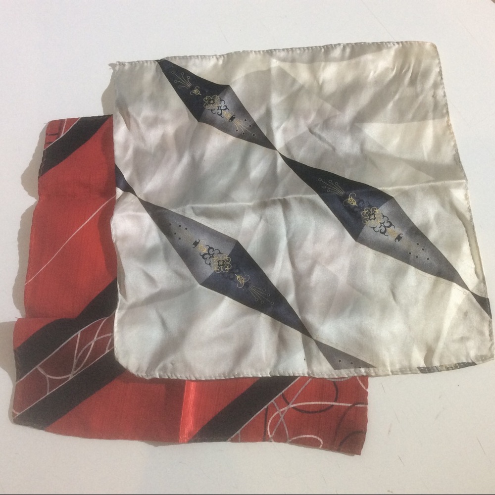 2 Pocket Squares 100% Silk Red Black White Silver Gold Apx 9" - 10" Square Scarf